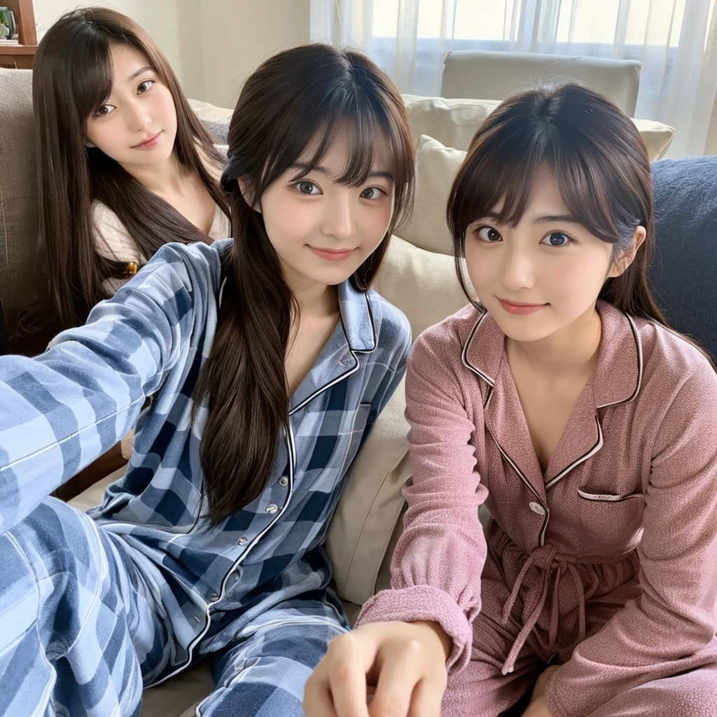 Japanese women、20-year-old women、Dark brown hair、Semi-long hair、Taking a selfie、Wearing pajamas、I'm in my room、White wall