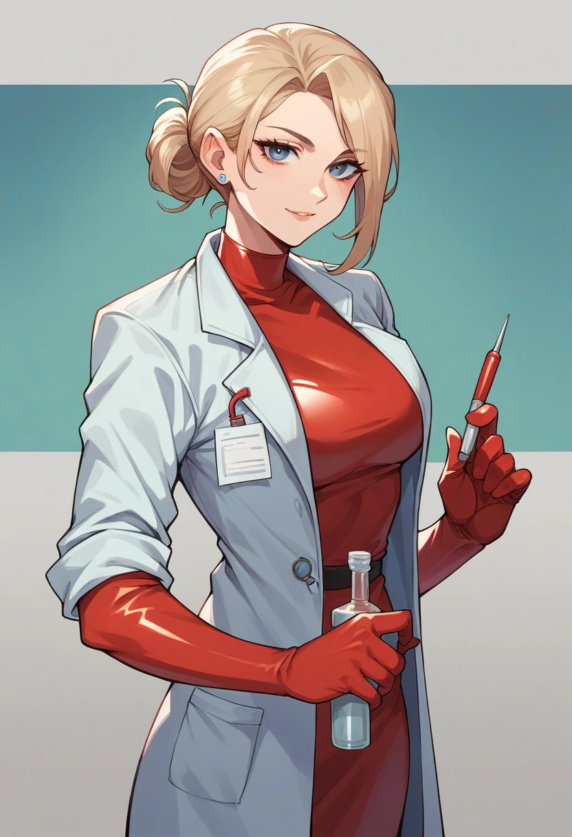 1girl, light hair, ((red elbow gloves)), ((surgical gloves)), ((latex gloves)), ((long sleeves)) ((blue surgeon outfit)), looking at viewer, ((doctor)), standing, solo