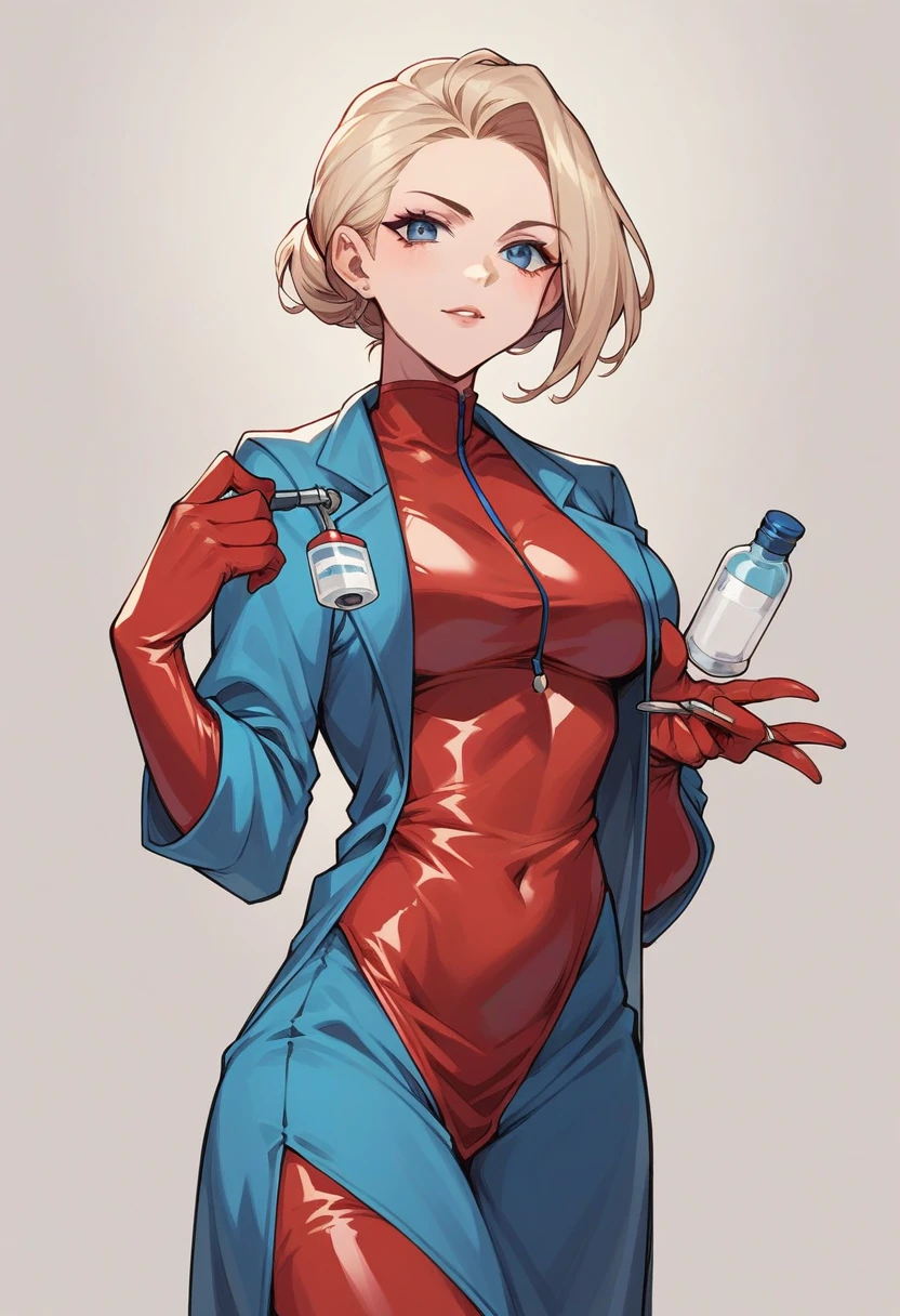 1girl, light hair, ((red elbow gloves)), ((surgical gloves)), ((latex gloves)), ((long sleeves)) ((blue surgeon outfit)), looking at viewer, ((doctor)), standing, solo