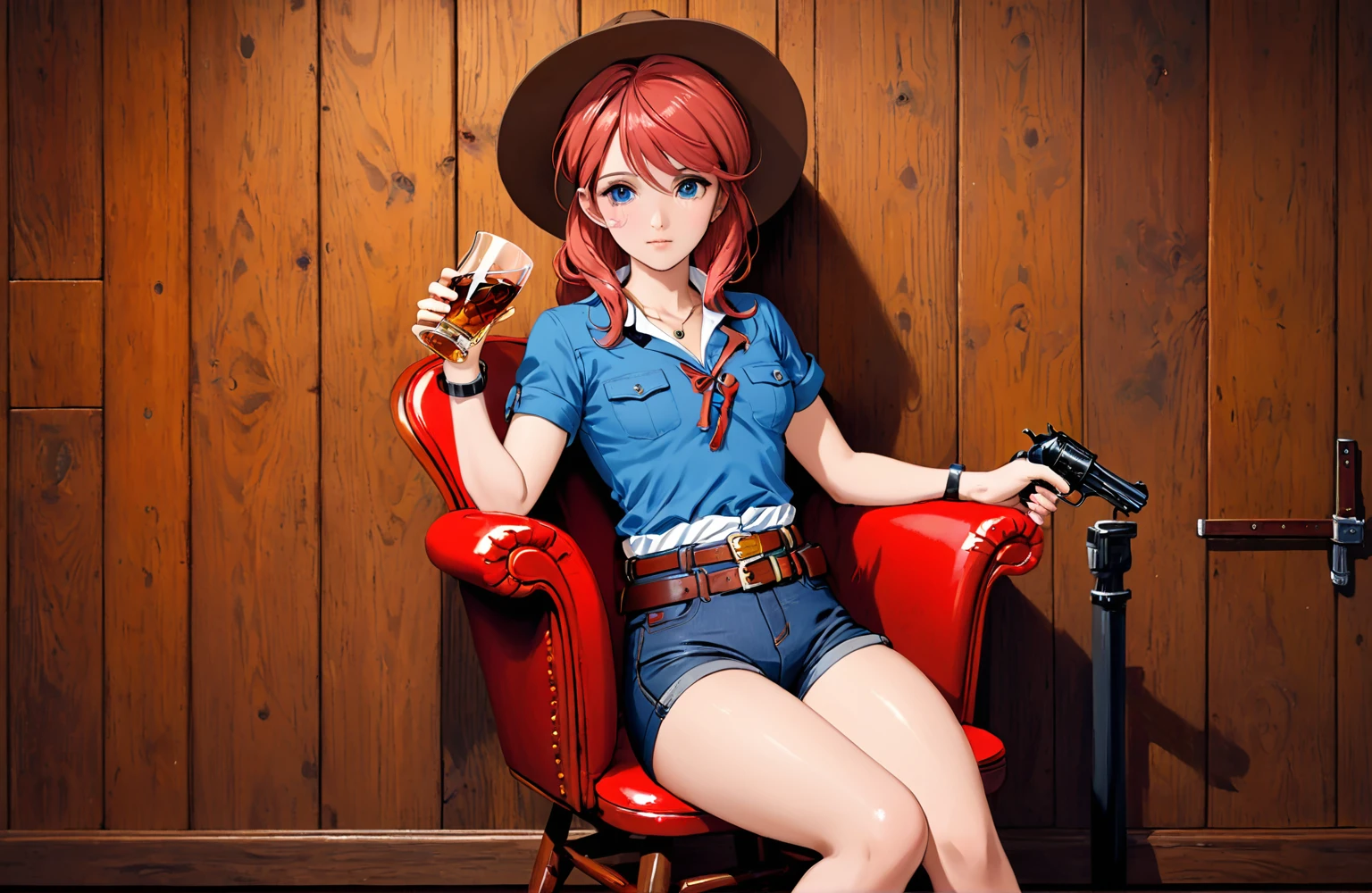 (((1 person:2.5))),(((NSFW:1.0))),(((Wear denim hot pants:1.5))),(((Wear a short-sleeved collared shirt:1.5))),(((Wear a gun belt with a holster:1.8))),,((Wear the watch on your wrist:1.5))),(((Showing cleavage))),(((Exposed thin inner thighs))),(((Small breasts:1.5))),(((Bare arms))),(((Put on your boots:1.5))),((Blushed:1.8)), Beautiful detailed girl, Very detailed目と顔, 緻密でBeautiful Eyes, Very detailed, High resolution, Highest quality, masterpiece, Very detailed, 8k wallpaper, wonderful, finely, Highest quality,(Standing in front of a wooden wall),Beautiful Eyes,((Engage your audience:1.5)),((Cowboy Shot:1.5))),((Front shot:1.2)),((Drinking whiskey:1.4)),(((Drunk:1.8))),(((Sit on a chair:1.2)))