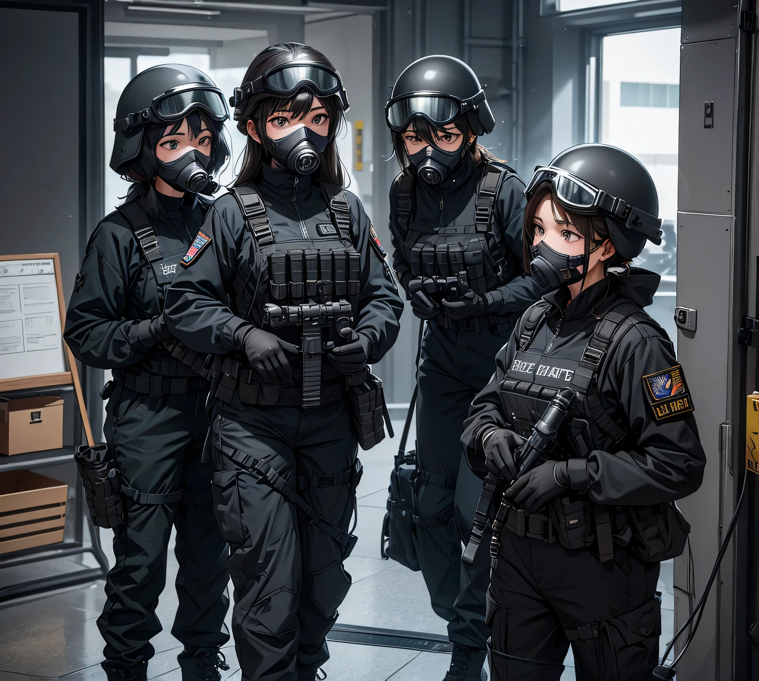 Four female special forces soldiers in black military uniforms、Full helmet、Pants、Gas Mask、Goggles、Inside the hospital、masterpiece、best quality、Highly detailed CG、8K picture quality