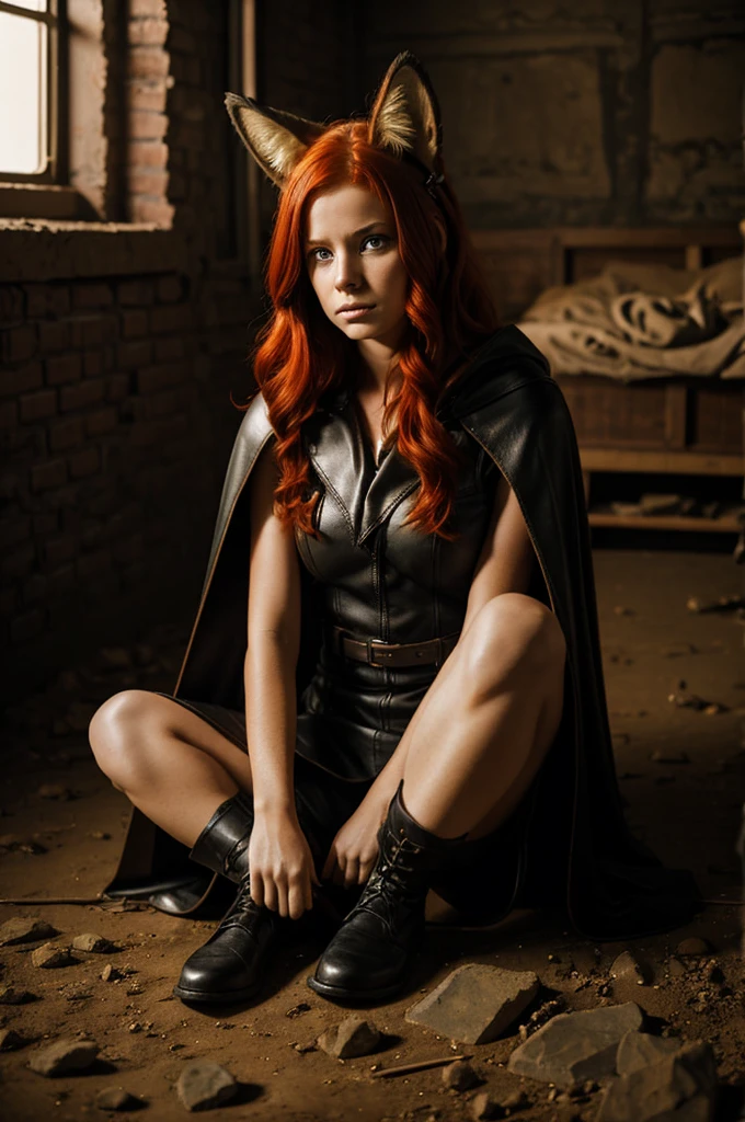 Young Girl, Red hair, amber eyes, fox ears, sitting on the floor,in a torn leather cape, dirt on the body, Tears, fear in the face, in room, dark room made of stone