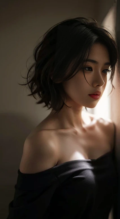 best quality, masterpiece, Ultra-high resolution, (Realistic:1.5), original photo, 1 girl, Off-shoulder, in the darkness, Deep shadows, Low profile, Cold Light, sexy look, short hair, swimsuit