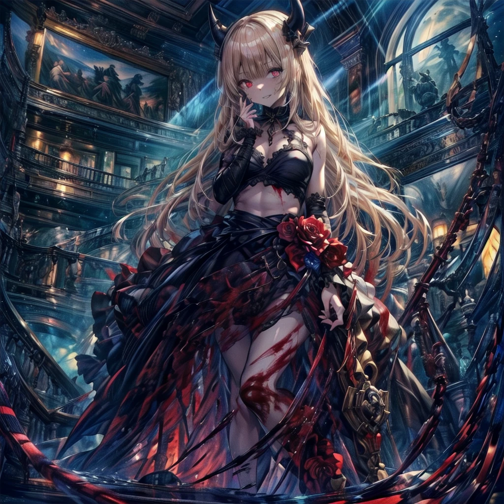 (Highest quality, masterpiece, 超High resolution), (8k wallpaper, High resolution, High resolution, born), (credibility: 1.4), (whole bodyショット), One girl, ((Anime Girls)),,(Bloodしぶき:1.6), ((Fantasy Witch Costume)), ((Flowing white hair)), ,(Bloodしぶき:1.6),Female curves, Large Breasts, Thick thighs, Sexy flat stomach, 完璧なhand, 完璧なアニメのface, ((dark ta dress)), Are standing, ((Wicked Smile)), ,(Bloodしぶき:1.6),In the Victorian city, gaslight, Steam circulates, Moonlight Illumination, night間照明, A sky filled with stars and galaxies,disaster々new devil horns,,(Bloodしぶき:1.6),アニメzombie魔女デザイン, ねじれた笑face、Bloodまみれの、頭からの出Blood、Bloodしぶき、,(Bloodしぶき:1.6),Crossbones, skull, Streetwear Design, Provector, Horror Style, Full Design, Huge breasts, Very detailed, Realistic, Dark fantasy, Gloomy atmosphere, Intricate details, Crazy Smile, 狂ったeye, A cute and luxurious hair band,(masterpiece:1.2, Highest quality), Scary atmosphere、Distorted facial expressions、Horror Art、Bloodの雨、Bloodを流す、Bloodしぶき,(Bloodしぶき:1.6),悪魔のeye、redいeye、scar、火scar、whole body、Torn hair of a woman dressed in slave clothing、（Long Hair）、（eyeにかかる長さの前髪）、Black Hair、（（（eyeの下のクマ）））、青白いskin、Feeling unwell、Pathological、邪悪な笑face、狂ったeye、（Grin）Dramatic makeup，Create mixed media art、,Horror 1 Girl, Open_mouth, , red_eye, Blood, Tilt_red_skin, Injury, Blood_in addition_face, Bandaged_arm, Blood_in addition_zombie, Blood_in addition_hand　, Open your eyelids wide, The trend is all, mouthを大きくOpen, mouthを開けてteethをむき出しにする,獣のような鋭いteeth, Wide lips, 非常に広いmouth, Vermilion cheeks, blonde, ,(Bloodしぶき:1.6),Princess Cut, Ribbon hair ornament, brooch, Otaku Room, Well-built body, Nice body, Ample breasts, Thick body,eyeを大きく開いて、Scary atmosphere、Distorted facial expressions、ねじれた笑face、Bloodまみれの、頭からの出Blood、Bloodしぶき、whole body、,(Bloodしぶき:1.6),Long Hair、Long bangs、Well-built,Broad shoulders,I focus,(face),Messy Hair,いeye,(光るeye),red信号,笑face,big 笑face,teeth,psycho 笑face,gesugao,Dark city background,darkness,night,(close),良いeye, 良いteeth,サディスティックな笑face,,all,光沢のあるskin,詳細なface,Beautiful body,　mouthからの白い息　Luxurious lace long gloves