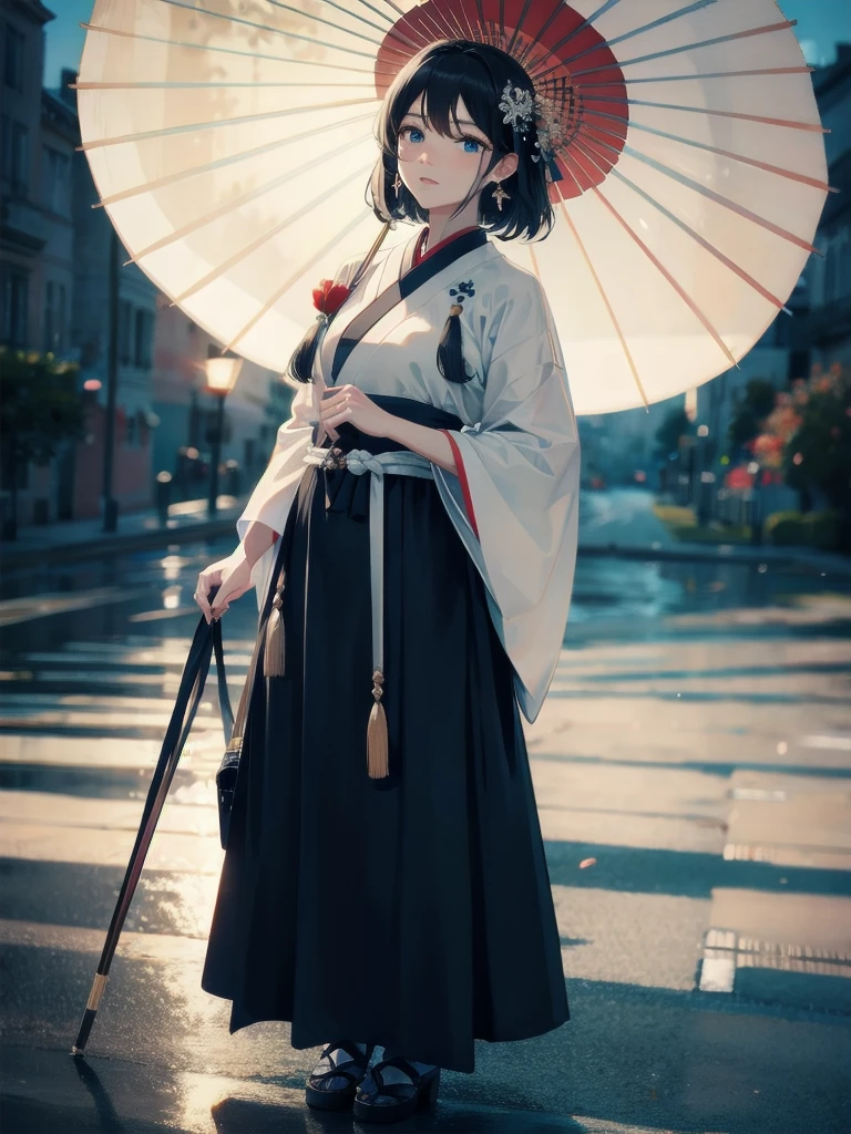 absurdres, RAW photo, extremely delicate and beautiful, masterpiece, Best Quality, ultra high resolution, 32k, hyperrealistic, ultra-detailed, delicate facial features, beautiful detailed woman, tearful mole, earring, medium breasts, (full body shot), medium hair, black hair, Hanfu, long skirt, onmyoji, oil-paper_Umbrella,