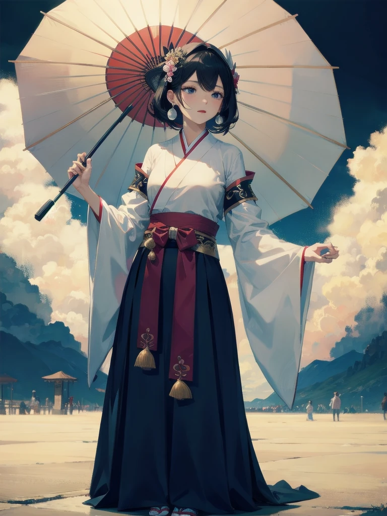 absurdres, RAW photo, extremely delicate and beautiful, masterpiece, Best Quality, ultra high resolution, 32k, hyperrealistic, ultra-detailed, delicate facial features, beautiful detailed woman, tearful mole, earring, medium breasts, (full body shot), medium hair, black hair, Hanfu, long skirt, onmyoji, oil-paper_Umbrella,