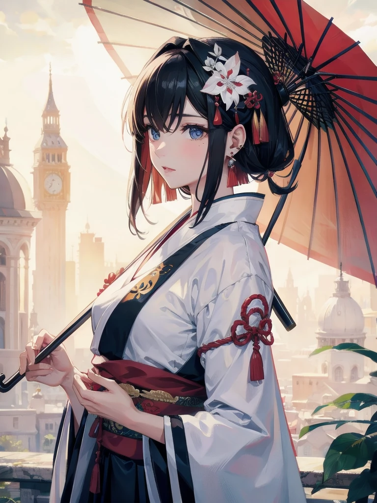 absurdres, RAW photo, extremely delicate and beautiful, masterpiece, Best Quality, ultra high resolution, 32k, hyperrealistic, ultra-detailed, delicate facial features, beautiful detailed woman, tearful mole, earring, medium breasts, (full body shot), medium hair, black hair, Hanfu, long skirt, onmyoji, oil-paper_Umbrella,