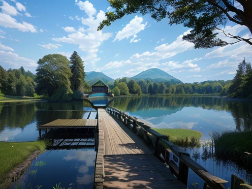there is a wooden bridge over a body of water, a photo of a lake on a sunny day, lake in foreground, lake, beautiful tranquil day, lake foreground, lake view, parks and lakes, detailed lake in background, beautiful image, mystical lake view vista, summer lake setting, lake setting, an achingly beautiful, small lake, small dock