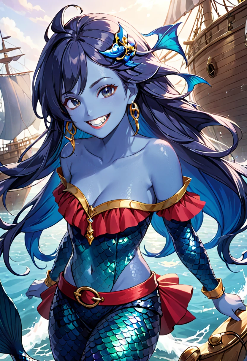 Mermaid woman, blue skin with scales, Grinning, sharped teeth, wearing pirate clothes, 2D anime