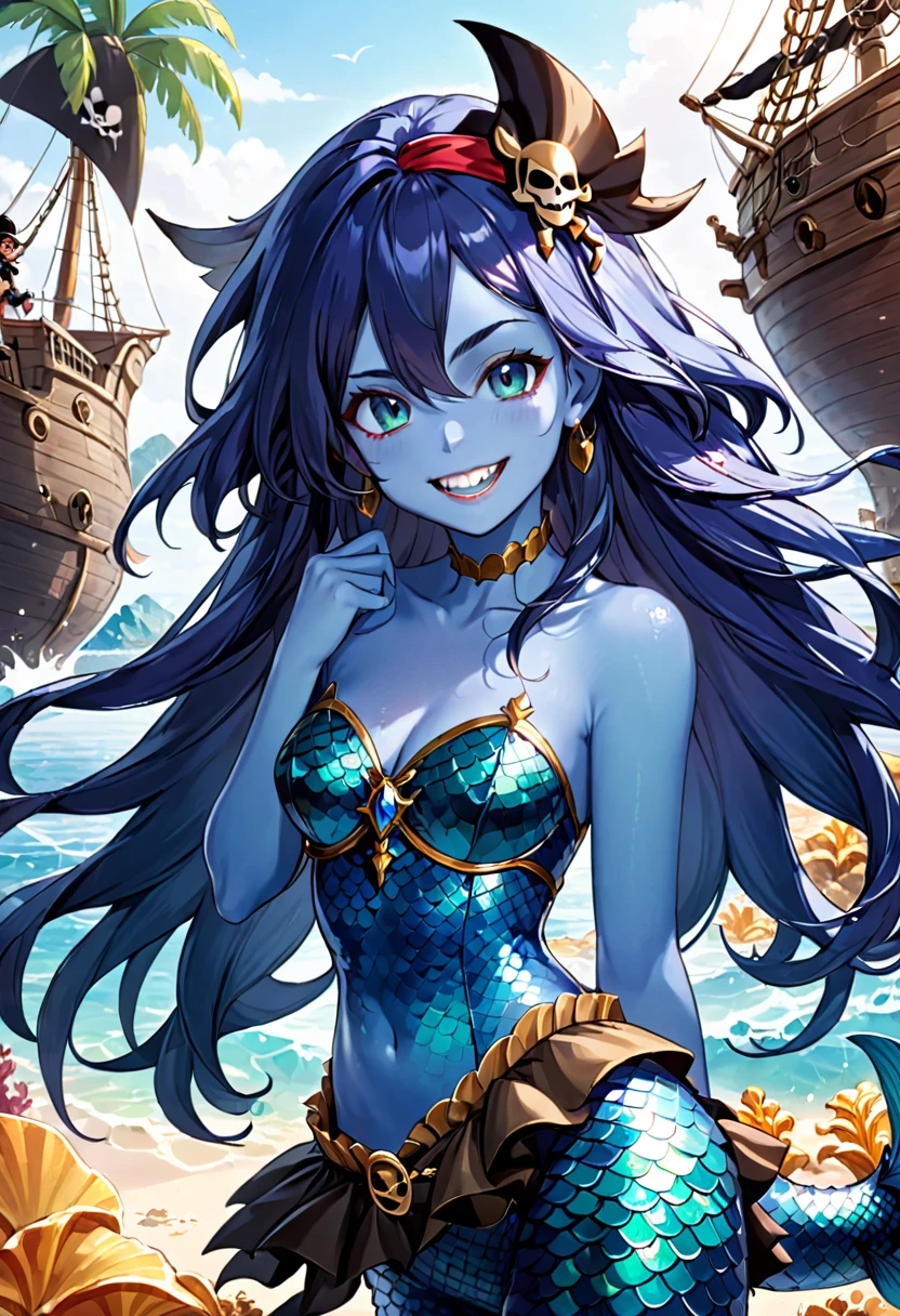 Mermaid woman, blue skin with scales, Grinning, sharped teeth, wearing pirate clothes, 2D anime