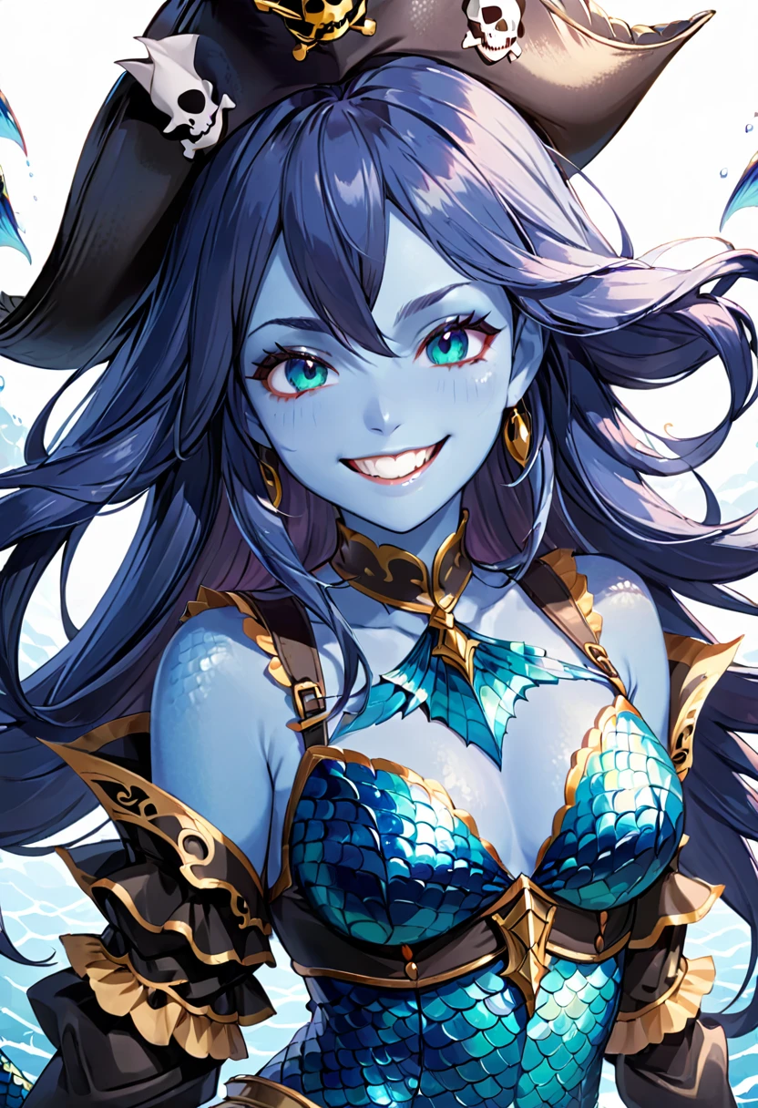 Mermaid woman, blue skin with scales, Grinning, sharped teeth, wearing pirate clothes, 2D anime
