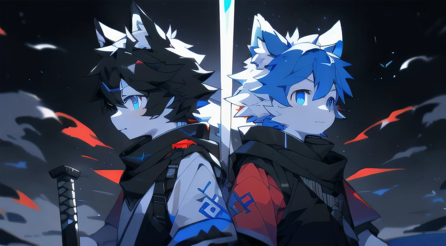 White Wolf，Black Hair，Sky blue eyes，hairy，Wolf ears，Wolf Tail，Full body portrait，The character is in the center of the screen，Handsome，Confident gaze***but，juvenile，Black and white combat uniform，Red bib，Black shorts，Short sleeve，hairy arms and legs，Dark background，Dark Battlefield，dawn，sunrise，dawn，illumination，shadow，swordsman，The scabbard and hilt are held in the hand，Scabbard at waist，best quality,tall and big