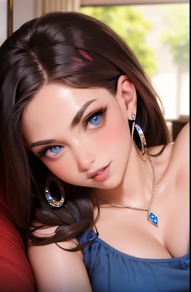 camera angle from underneath, thick hair, crystal blue eyes, open mouth smile, aroused 25 years old, playfully aroused, dripping with desire, cleavage, low cut tanktop , skirt, stretching, coy smile with open parted lips, (blushing:1.3), looking invitingly at the viewer, seductive eyes, facing the viewer, livingroom background, posing by the sofa, (pov), glowing eyes, necklace, earrings, nsfw,