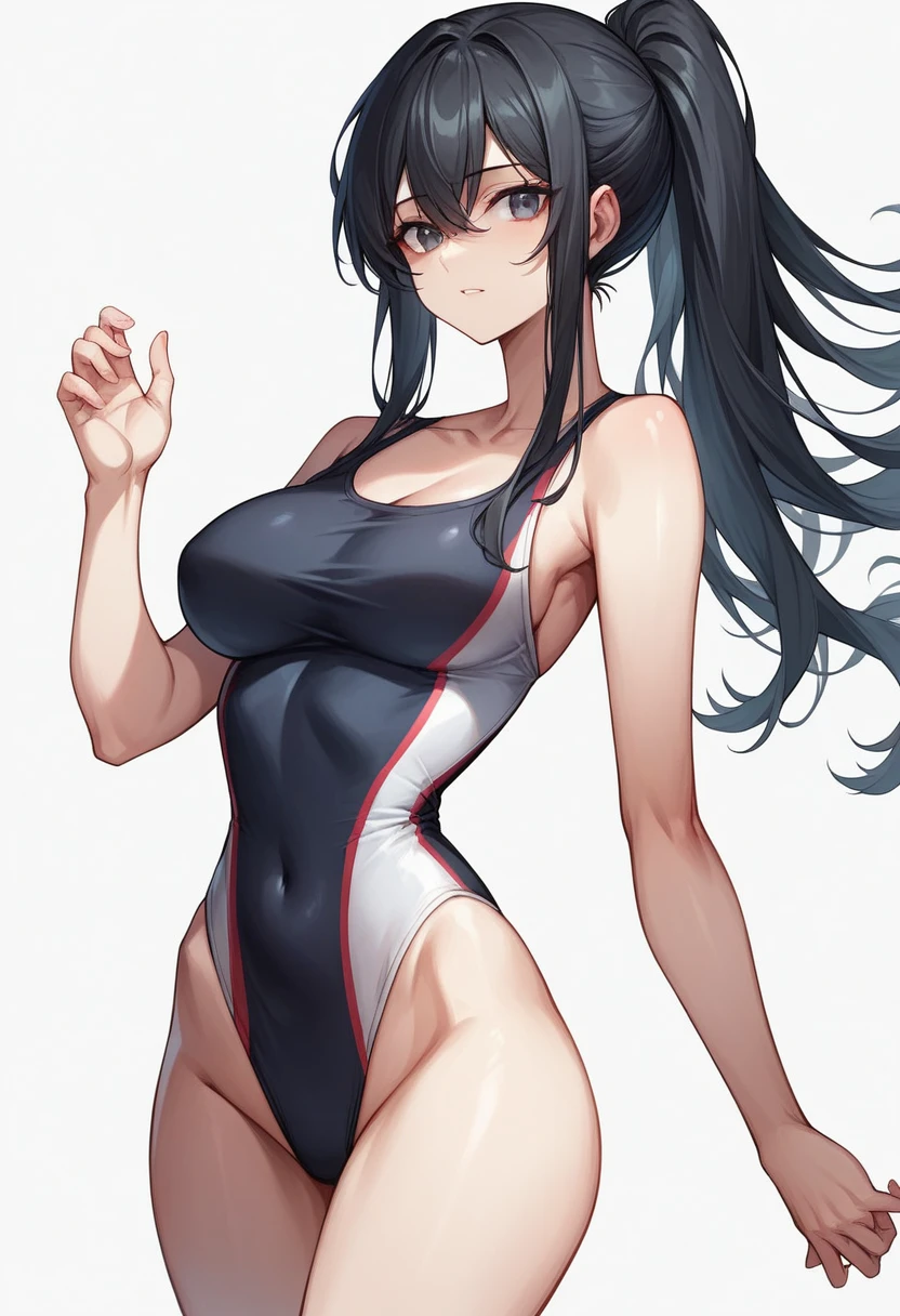 masterpiece,Highest quality,High resolution,shape,Very detailed,8k CG wallpaper,One Girl,Ray Tracing,Beautiful ,Long black hair, Black oversized swimsuit,White background,Waistline,Body sideways,One hand in hair,The waist is slightly arched,
