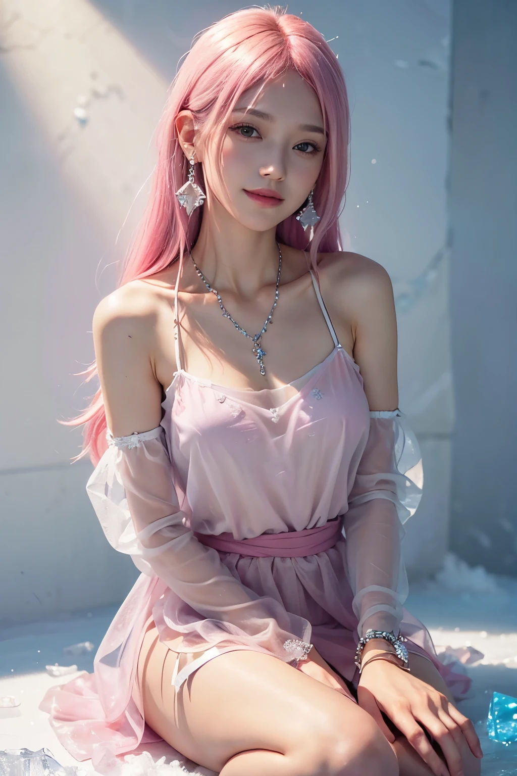 (8K, Top Quality, Masterpiece:1.2), (Realistic, Photorealistic:1.37), Super Detail, 1 Girl,), (Highly Detailed), (Beautifully Detailed Eyes), (Top Quality), (Super Detail), (Masterpiece), (Detailed Face),20 years old, ,1 Girl, ((Pink Hair, Long Hair)), Medium Breasts,. Dress, perfect lighting, BREAK, (All clothing is made of ice: 1.5), (no outerwear:1.0), (transparent camisole made of ice: 1.4), (long sleeved blouse with ice crystal pattern: 1.2), (long ice skirt with A-line silhouette: 1. 2), (slim fit silhouette: 1.2), (ice crystal embroidery and bijoux detail: 1.2), (no socks: 0), (ankle cross strap ice heels: 1.2), (ice crystal earrings and necklace: 1.2), BRAKE, (upper body to thighs: 1.2), (long pink hair: 1.2), (smile: 1.2), (slightly tilted to face front: 1.2), (confident pose with one hand on waist:1.2), (other hand touching skirt: 1.2), (ice filled background including ice crystals, pillar, ice castle: 1.2) (bright lighting with subject in focus: 1.2)
