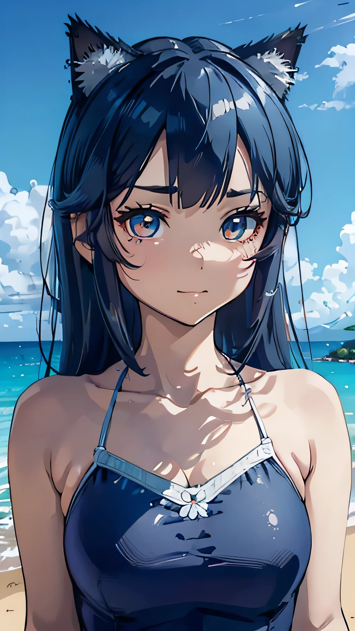 Beach side, ocean view, Tiffany blue swimsuit, latest design swimsuit, Japanese, , well-shaped eyebrows, gentle smile, beautiful details, big eyes, cat ears, natural makeup, highly detailed skin, 8K quality, best quality, realistic, cinematic light, young, baby face, latest fashion, masterpiece, highest quality, high resolution,