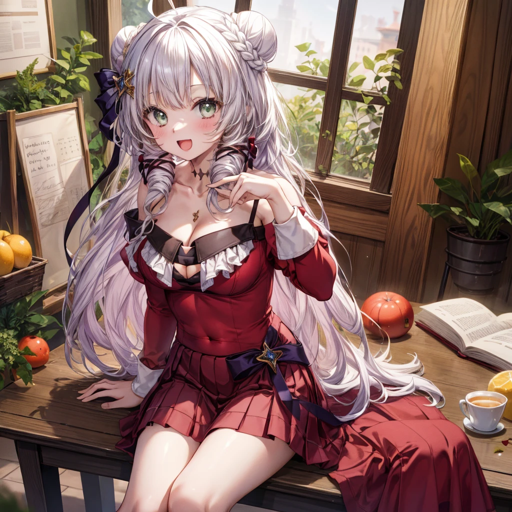 ((Highest quality)), ((masterpiece)), (detailed), the girl in a santa costume is sitting on the floor with all of her ornaments, 1girl, breasts, black ribbon, 独奏, long hair, hair bun, green eyes, cleavage, ribbon, sitting, double bun, navel, looking at viewer, smile, hair ornament, open mouth, ahoge, skirt, bell, hair flower, flower, red skirt