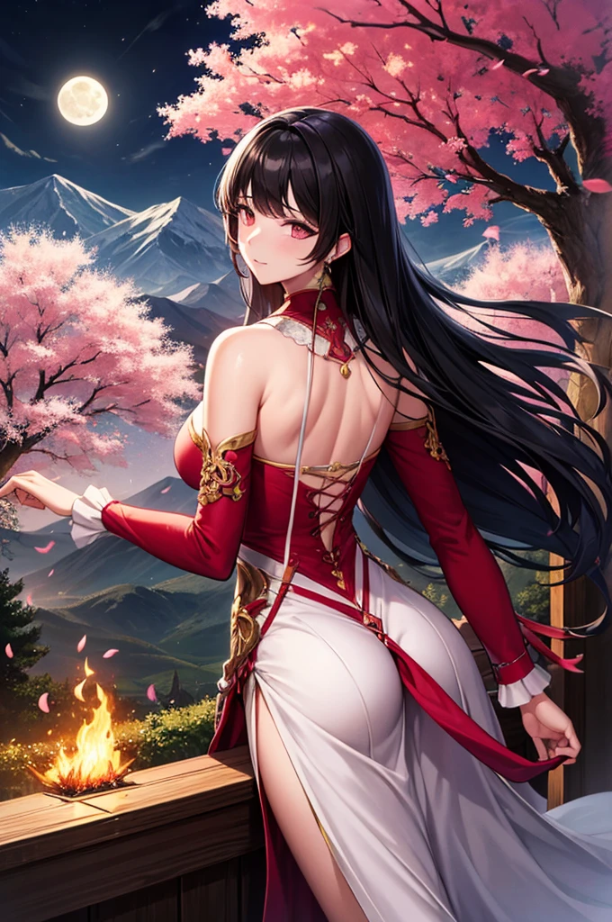 masterpiece, 最high quality, night, Mountain, full moon, Long black hair, woman, fire Fly, performer, Mysterious cherry tree, Pink leaves, high quality, Beautiful graphics, High detail