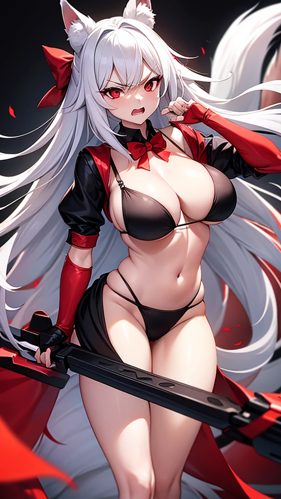 An adult woman half fox and wolf, wide breasts, red eyes, white hair, very angry, in a black bikini, on her back, holding a red bow, wide ass, and very sexy