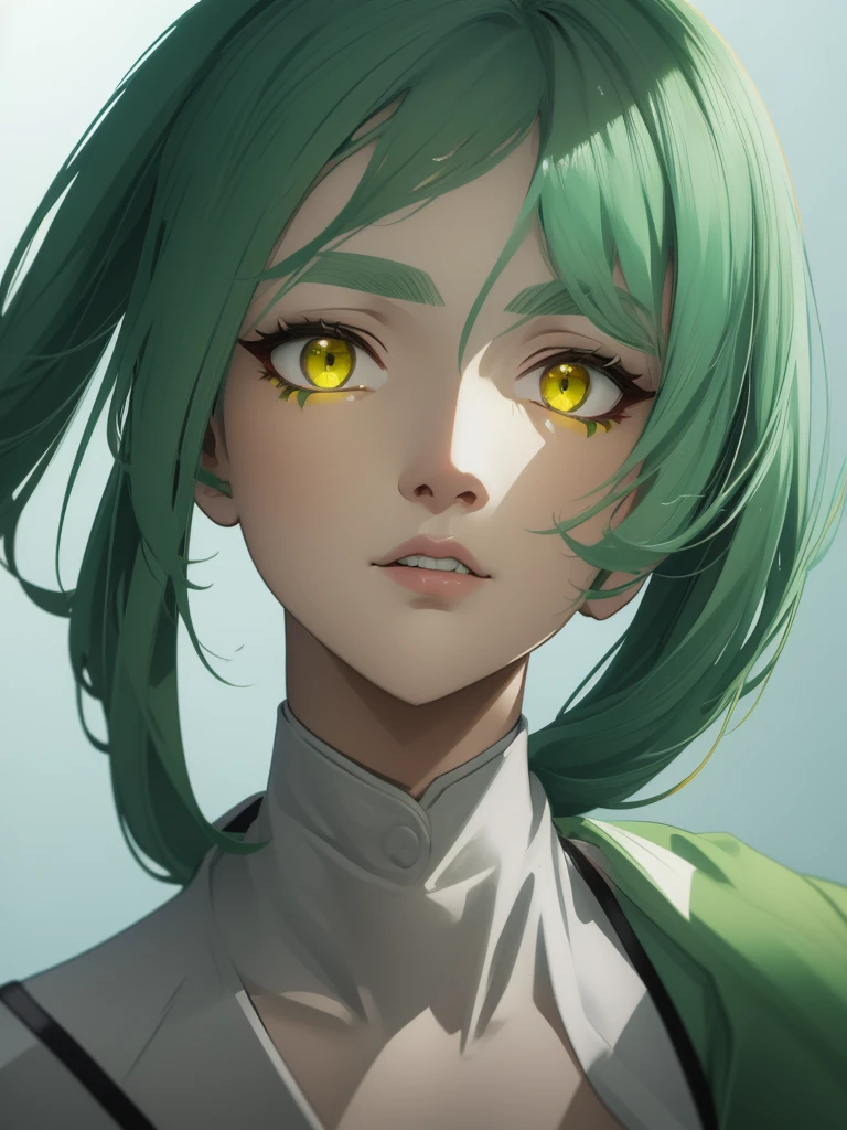 1,green hair,yellow eyes,low ponytail,white suit,green overall,upper body,hyper detailed,cinematic lighting,highly detailed facial features,extremely detailed eyes,beautiful detailed lips,beautiful detailed nose,best quality,masterpiece:1.2,professional