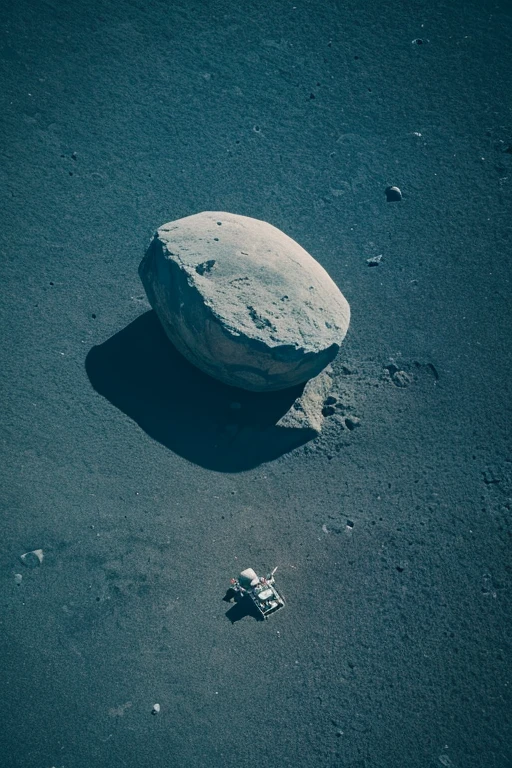 An aerial view of an alien exploring a moon rock