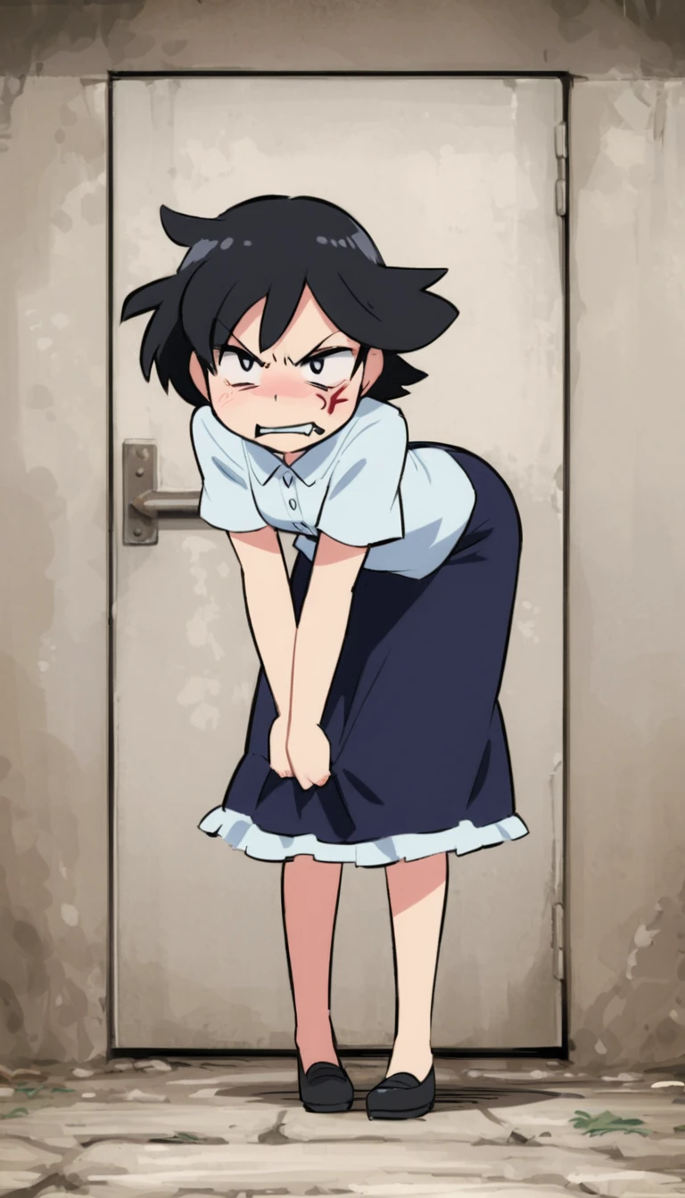 Woman with short hair leaning forward with angry face with full body view