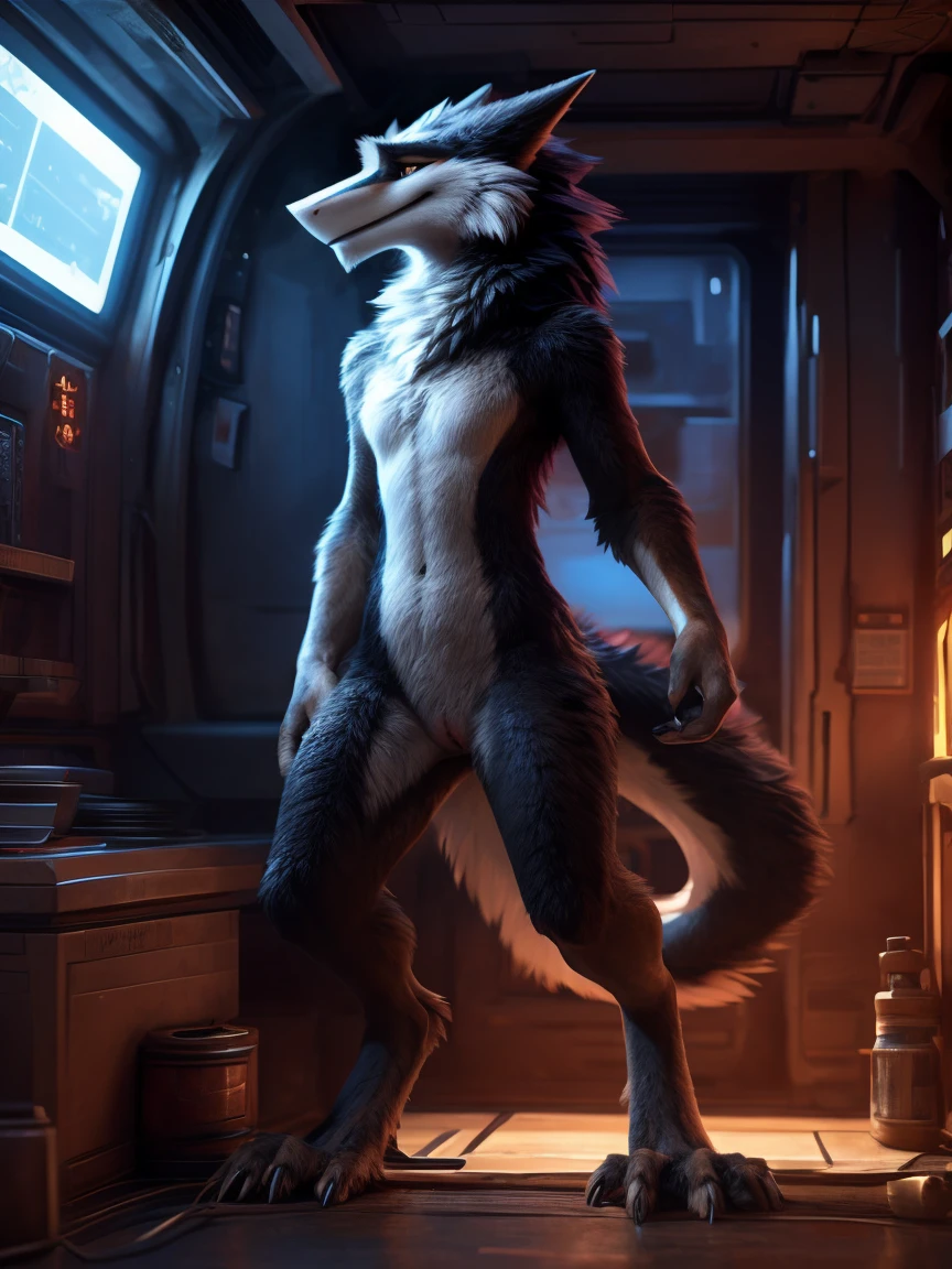 by kenket, Ross Tran, zaush, foxovh, by teranen, by fumiko, by Pixelsketcher, by Einshelm, (by Hioshiru), by fluff-kevlar, by Ajin, (sergal), ((anthro)), 8k, 4k, 2k, detailed, intricate, (female), ((solo)), ((detailed fur)), (masterpiece), best quality, NSFW, (photo-realistic), sci-fi, sergal, female, full length portrait, exposed chest, wide hips, thick thighs, skinny, tall, long tail, long legs, long snout, sergal feet, blushing, vagina, vulva, exposed vagina, (black fur), ((black chest fur)), ((black belly fur)), ((no breasts)), ((flat chested)), 3d render, standing, feet together, starship cabin