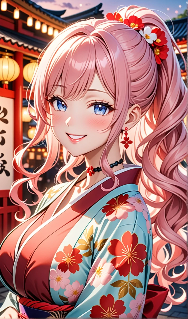 ultra-detailed, ((one girl)), in pastel colors girl, hyper detailed, absurdres, 8K, Beautiful Face, (Laugh shyly), ((teasing smile:1.8)), ((Wink:1.8)), (Laugh with your mouth wide open),(Tilt your head:1.3), View your viewers, ((Bright red cheeks:1.6)),Glossy Red Lips, ((Big Breasts:1.5)), (valley),night, Shrine festival stalls, (Brighten your face), ((Anime style background)),masterpiece, Highest quality, so beautiful,Latest, Complex details, (Pink long nails), (nail art), (ring),(bracelet), (Floral Choker),AI-generated, Complex,High resolution, Highest quality, super high quality,3D Images、3D Images,One person,Pastel pink long hair,(High Ponytail), (wavy hair:1.3), Pastel anime woman posing for a photo, ((Fine grain、blue eyes、glowing eyes:1.4)), (Squint your eyes:1.1),a hyperRealistic , hyperRealistic , Realistic,Anime woman with long pastel pink hair, Smooth anime CG art, A girl in a gorgeous pastel-colored kimono, ((Pastel-colored furisode)),(Pink large floral pattern) ,Long flower hair ornament,Floral Earrings,Mature Body, tall,Abdominal muscles,Tight waist,((arched back:1.9)), (front view),