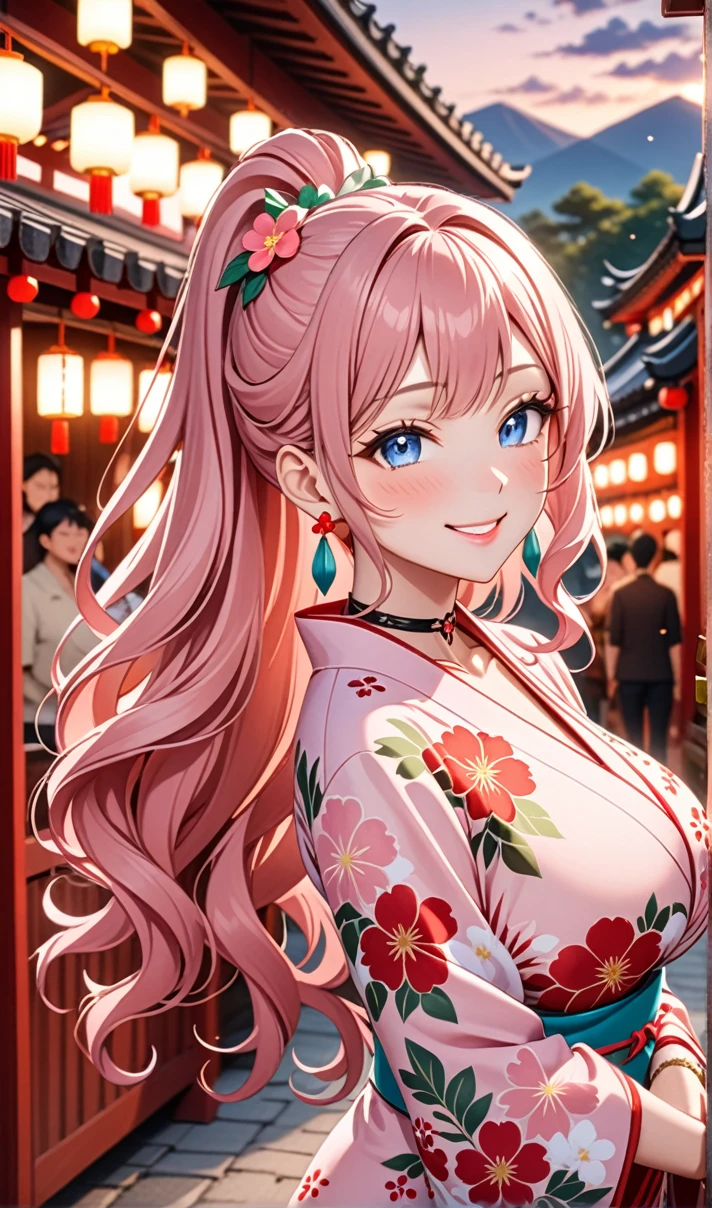 ultra-detailed, ((one girl)), in pastel colors girl,  hyper detailed, absurdres, 8K, Beautiful Face, (Laugh shyly), ((teasing smile:1.8)), ((Wink:1.8)), (Laugh with your mouth wide open),(Tilt your head:1.3),  View your viewers, ((Bright red cheeks:1.6)),Glossy Red Lips, ((Big Breasts:1.5)), (valley),night, Shrine festival stalls, (Brighten your face), ((Anime style background)),masterpiece, Highest quality, so beautiful,Latest, Complex details, (Pink long nails), (nail art), (ring),(bracelet), (Floral Choker),AI-generated, Complex,High resolution, Highest quality, super high quality,3D Images、3D Images,One person,Pastel pink long hair,(High Ponytail), (wavy hair:1.3), Pastel anime woman posing for a photo, ((Fine grain、blue eyes、glowing eyes:1.4)), (Squint your eyes:1.1),a hyperRealistic , hyperRealistic , Realistic,Anime woman with long pastel pink hair, Smooth anime CG art, A girl in a gorgeous pastel-colored kimono, ((Pastel-colored furisode)),(Pink large floral pattern) ,Long flower hair ornament,Floral Earrings,Mature Body, tall,Abdominal muscles,Tight waist,((arched back:1.9)), (front view),