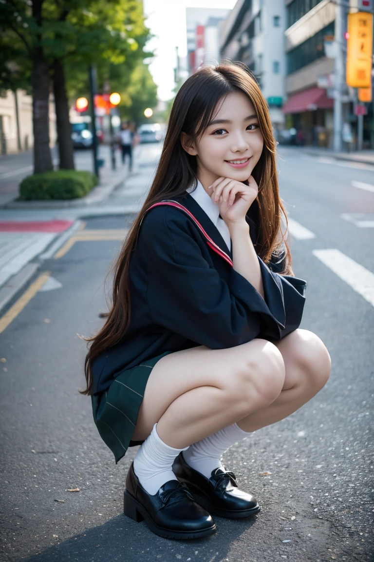 8K, Highest quality: 1.4, High resolution: 1.5, (Photorealistic: 1.4), Masterpiece: 1.2, (Highest quality: 1.4), Raw photo, Japanese woman wearing sailor uniform squatting on the sidewalk with her legs open and lifting her skirt with both hands, 18 years old, Stock photo, Japanese uniform, Beautiful and attractive anime teen, Japanese uniform, Beautiful high school girl, (Bashful smile), Smooth skin,