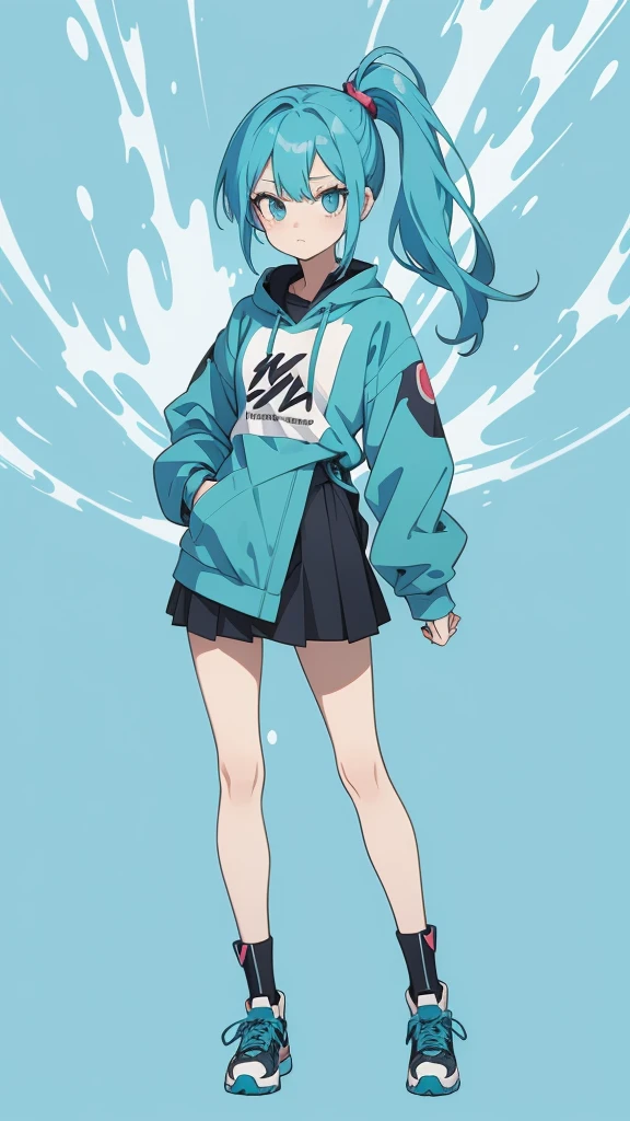 Blue-haired side ponytail,Design clothing,Seven-doppelganger shot,Anime style 4K,Anime girl with teal hair,High quality anime art style,Standing painting,Splash ink background,Blue Themes。