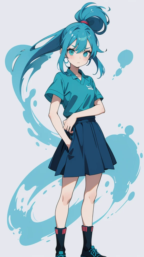 Blue-haired side ponytail,Design clothing,Seven-doppelganger shot,Anime style 4K,Anime girl with teal hair,High quality anime art style,Standing painting,Splash ink background,Blue Themes。