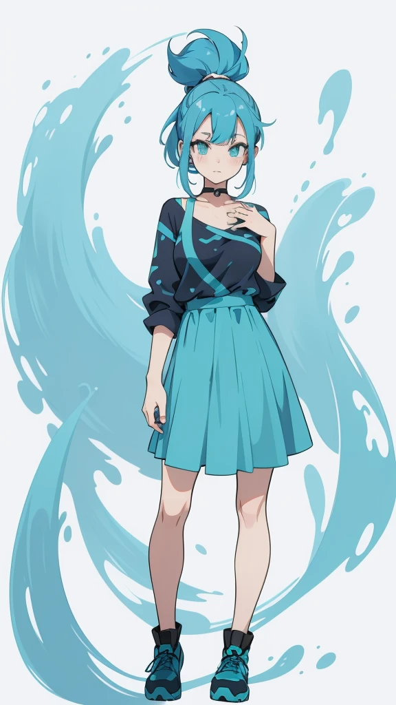 Blue-haired side ponytail,Design clothing,Seven-doppelganger shot,Anime style 4K,Anime girl with teal hair,High quality anime art style,Standing painting,Splash ink background,Blue Themes。