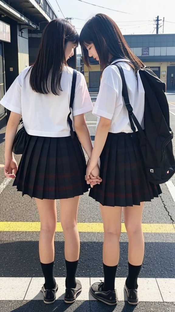 screenshot of two Japanese high school girls wearing and black shoes, walking on the station platform while holding hands with each other, side view, extreme close-up shot from a low angle, taken with a camera phone, posted on reddit/snapchat, natural skin