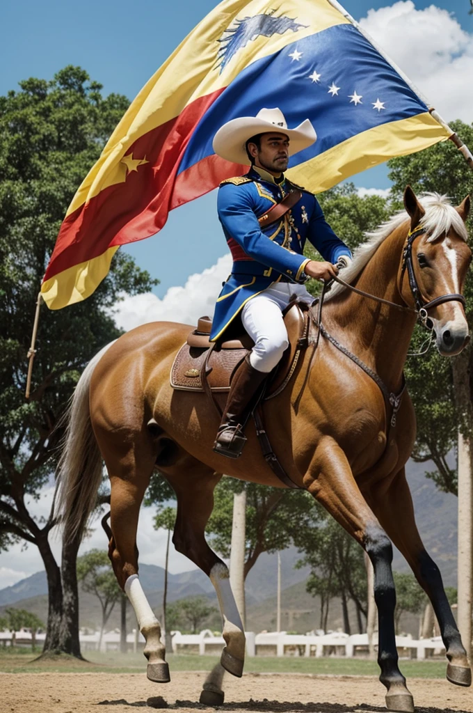 a man on horseback, elegantly dressed, rides a beautiful white steed, while proudly waving the flag of Venezuela. His majestic figure and the grace of his mount reflect the brave and noble spirit of his country.. The wind waves the flag strongly, symbolizing the freedom and determination of the Venezuelan people. It is a powerful image that evokes the beauty and history of Venezuela..
