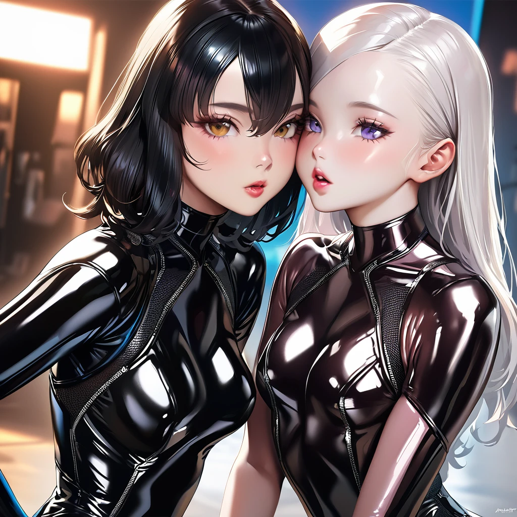 a woman in a wetsuit, posing for a photograph, perfect android girl, shiny latex, futuristic glossy latex suit, wear latex, Latex dress, wear a black latex suit, cute girl in a vest, latex outfits, cute cyborg girl, Photorealistic ideal body, shiny black dress, beautiful white cyborg girl, tight outfit, wrap glossy leather, , girl kisses girl