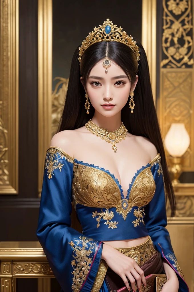 A beautiful Japanese woman is depicted in a vertical, anime-inspired portrait set against an opulent, richly detailed background. She has long, flowing black hair styled in elaborate twin tails, adorned with delicate hair ornaments. Her facial features are elegantly crafted, with large, expressive eyes and a soft, alluring smile. A small, intricate symbol is delicately drawn on her forehead, adding a touch of mysticism to her appearance.
The woman is dressed in an exotic, fantasy-inspired costume that combines elements of traditional and fantastical design. Her outfit is primarily blue with gold embroidery, featuring intricate patterns and motifs that enhance the luxurious feel of the attire. The top of the costume is a cropped blouse with ornate detailing around the neckline and bust, highlighting her slender figure. The sleeves are decorated with gold embroidery, adding an element of regality to her appearance. Her midriff is exposed, and she wears a matching blue and gold skirt with high slits, revealing her toned legs. The skirt is adorned with delicate chains and additional ornamental details, adding to the opulent design.
In her hand, she holds a decorative fan that matches her outfit, further emphasizing the theme of elegance and refinement. The background is a sumptuous tapestry of blue and gold, featuring intricate patterns and heraldic symbols that complement her attire. The overall setting evokes a sense of fantasy and grandeur, reminiscent of a royal court or an otherworldly realm.
The lighting in the illustration is soft and warm, casting gentle highlights on the woman's face, hair, and outfit. The artist employs digital painting techniques to achieve a high level of detail and realism, particularly in the rendering of the ornate embroidery and the rich textures of the fabrics. The use of smooth gradients and precise brushstrokes adds a sense of depth and dimension to the image, making the character and background come to life.
The overall color pal