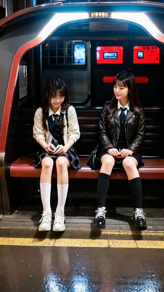 A picture of two Japanese high school girls in and leather shoes, taken from the side with their legs crossed at an underground station entrance. The photo was taken during the daytime with soft lighting and shows the girls sitting on the ground. The photo looks like it was taken by another person using their phone and was posted to Snapchat.