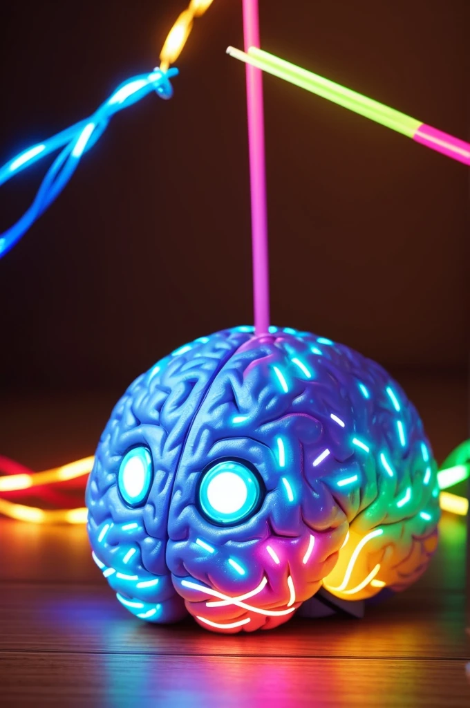 create the image of a brain with colored lights and a graphic designer graduation straw next to it