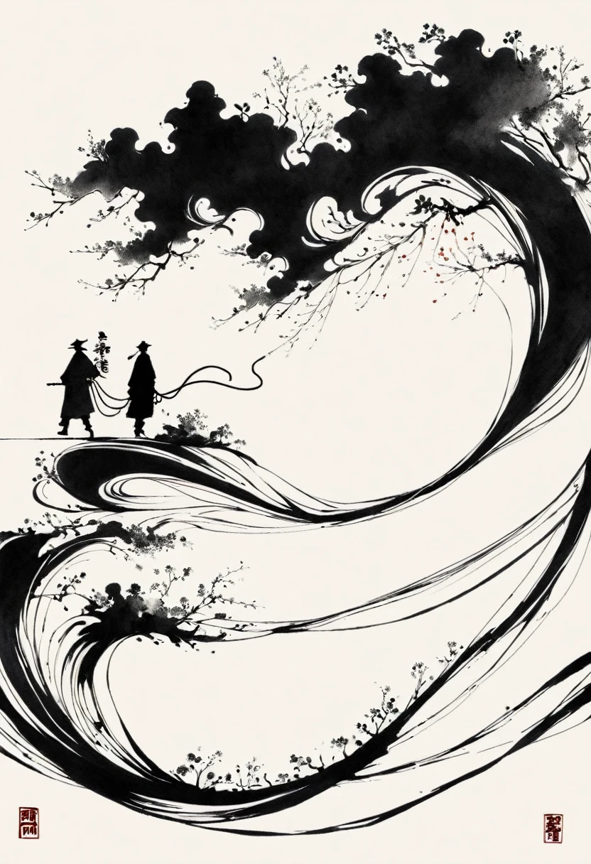 中国Ink Painting, Gray and White, Minimum, Wire, White background,The Trail, Minimalism, Wire性风格, Huge negative space, Ink Painting, Abstract，Residual Yang，People from far away