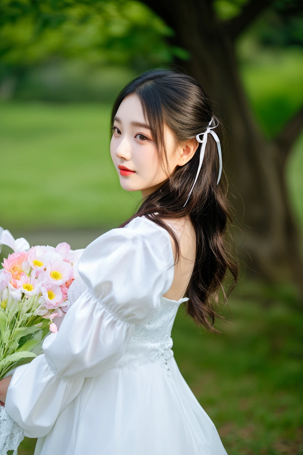 there is a woman in a white dress holding a bouquet of flowers, with flowers, beautiful young korean woman, gorgeous young korean woman, asian girl with long hair, a cute young woman, ulzzang, a young asian woman, jaeyeon nam, beautiful south korean woman, young asian girl, korean girl, hwang se - on, lovely woman, lee ji-eun