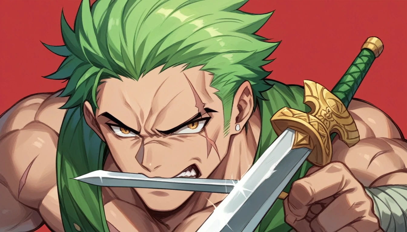 score_9, score_8_up, score_7_up, score_6_up, score_5_up, score_4_up, zoro, intense expression, green hair, scar over left eye, sword in mouth, ready for battle, confident, determined, strength, red background, dark, fierce