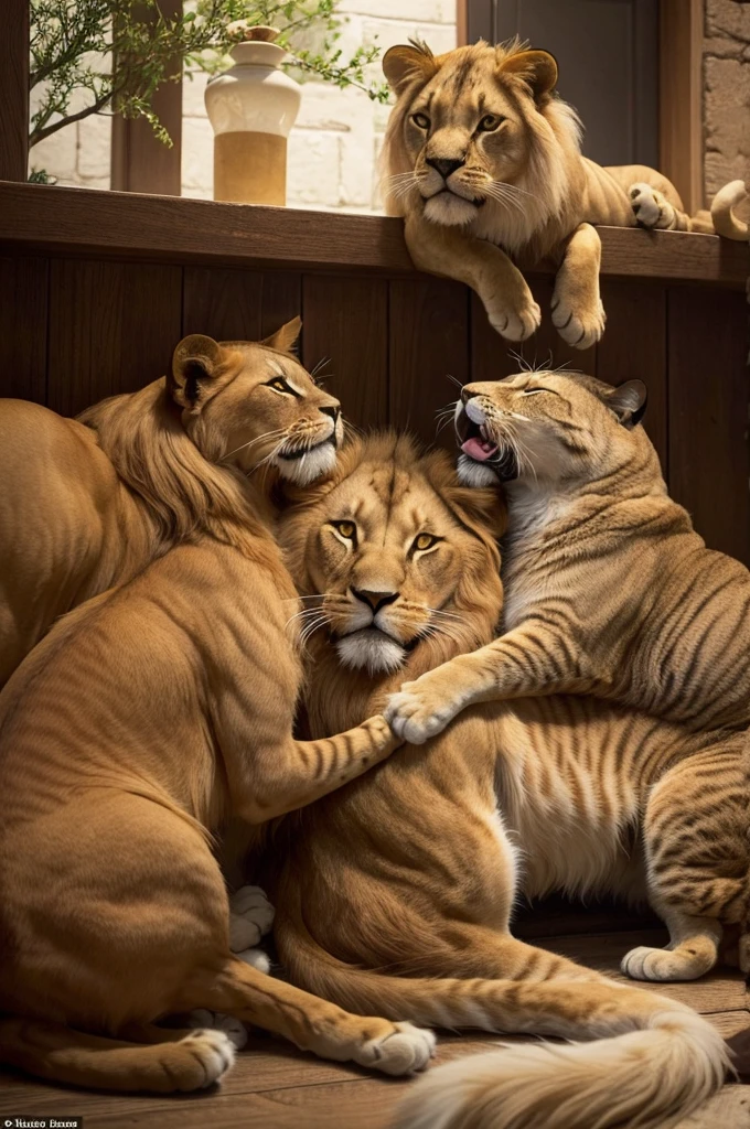 The cat and the dog listening attentively to the lion.
**imageio:** The lion smiling, saying goodbye to brothers.
### Panel 11:
**imageio:** Siblings meeting their parents, everyone hugging each other with relief and joy.