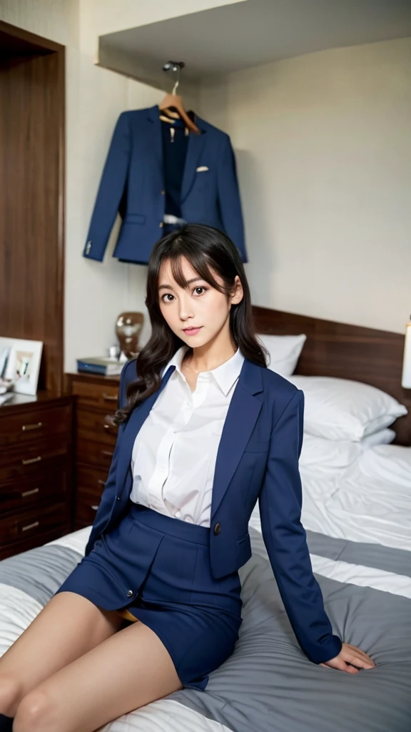 A girl in a her room, 1 girl, 独奏, 仕事から帰宅して自分の部屋でsuitを着たまま両膝を抱えて座りながらグラスのビール片手に物思いにふける23歳日本人女性、BeautyＯＬ, Tight Skirt、Thigh-length see-through dark blue socks、suit、With the jacket on、The top three buttons of the shirt are undone、