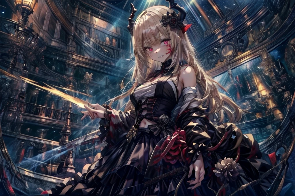 (Highest quality, masterpiece, 超High resolution), (8k wallpaper, High resolution, High resolution, born), (credibility: 1.4), (whole bodyショット), One girl, ((Anime Girls)),,(Bloodしぶき:1.6), ((Fantasy Witch Costume)), ((Flowing white hair)), ,(Bloodしぶき:1.6),Female curves, Large Breasts, Thick thighs, Sexy flat stomach, 完璧なhand, 完璧なアニメのface, ((dark lolita dress)), Are standing, ((Wicked Smile)), ,(Bloodしぶき:1.6),In the Victorian city, gaslight, Steam circulates, Moonlight Illumination, night間照明, A sky filled with stars and galaxies,disaster々new devil horns,,(Bloodしぶき:1.6),アニメzombie魔女デザイン, ねじれた笑face、Bloodまみれの、頭からの出Blood、Bloodしぶき、,(Bloodしぶき:1.6),Crossbones, skull, Streetwear Design, Provector, Horror Style, Full Design, Huge breasts, Very detailed, Realistic, Dark fantasy, Gloomy atmosphere, Intricate details, Crazy Smile, 狂ったeye, A cute and luxurious hair band,(masterpiece:1.2, Highest quality), Scary atmosphere、Distorted facial expressions、Horror Art、Bloodの雨、Bloodを流す、Bloodしぶき,(Bloodしぶき:1.6),悪魔のeye、redいeye、scar、火scar、whole body、Torn hair of a woman dressed in slave clothing、(Long Hair)、(eyeにかかる長さの前髪)、Black Hair、(((eyeの下のクマ)))、青白いskin、Feeling unwell、Pathological、邪悪な笑face、狂ったeye、(Grin)Dramatic makeup,Create mixed media art、,Horror 1 Girl, Open_mouth, , red_eye, Blood, Tilt_red_skin, Injury, Blood_in addition_face, Bandaged_arm, Blood_in addition_zombie, Blood_in addition_hand , Open your eyelids wide, The trend is all, mouthを大きくOpen, mouthを開けてteethをむき出しにする,獣のような鋭いteeth, Wide lips, 非常に広いmouth, Vermilion cheeks, blonde, ,(Bloodしぶき:1.6),Princess Cut, Ribbon hair ornament, brooch, Otaku Room, Well-built body, Nice body, Ample breasts, Thick body,eyeを大きく開いて、Scary atmosphere、Distorted facial expressions、ねじれた笑face、Bloodまみれの、頭からの出Blood、Bloodしぶき、whole body、,(Bloodしぶき:1.6),Long Hair、Long bangs、Well-built,Broad shoulders,I focus,(face),Messy Hair,いeye,(光るeye),red信号,笑face,big 笑face,teeth,psycho 笑face,gesugao,Dark city background,darkness,night,(close),良いeye, 良いteeth,サディスティックな笑face,,all,光沢のあるskin,詳細なface,Beautiful body, mouthからの白い息 Luxurious lace long gloves