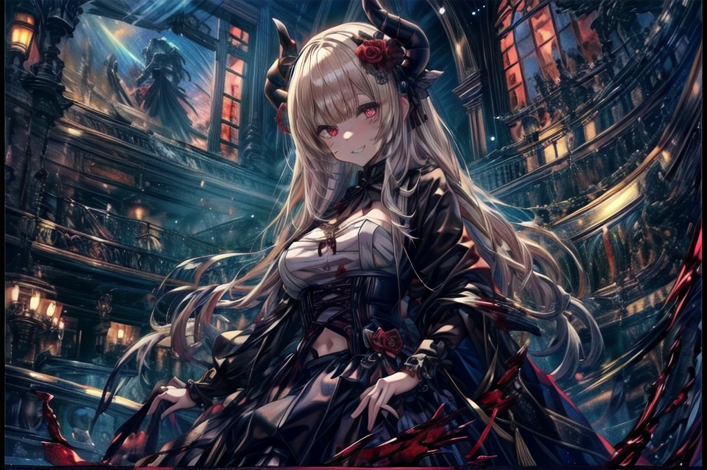 (Highest quality, masterpiece, 超High resolution), (8k wallpaper, High resolution, High resolution, born), (credibility: 1.4), (whole bodyショット), One girl, ((Anime Girls)),,(Bloodしぶき:1.6), ((Fantasy Witch Costume)), ((Flowing white hair)), ,(Bloodしぶき:1.6),Female curves, Large Breasts, Thick thighs, Sexy flat stomach, 完璧なhand, 完璧なアニメのface, ((dark ta dress)), Are standing, ((Wicked Smile)), ,(Bloodしぶき:1.6),In the Victorian city, gaslight, Steam circulates, Moonlight Illumination, night間照明, A sky filled with stars and galaxies,disaster々new devil horns,,(Bloodしぶき:1.6),アニメzombie魔女デザイン, ねじれた笑face、Bloodまみれの、頭からの出Blood、Bloodしぶき、,(Bloodしぶき:1.6),Crossbones, skull, Streetwear Design, Provector, Horror Style, Full Design, Huge breasts, Very detailed, Realistic, Dark fantasy, Gloomy atmosphere, Intricate details, Crazy Smile, 狂ったeye, A cute and luxurious hair band,(masterpiece:1.2, Highest quality), Scary atmosphere、Distorted facial expressions、Horror Art、Bloodの雨、Bloodを流す、Bloodしぶき,(Bloodしぶき:1.6),悪魔のeye、redいeye、scar、火scar、whole body、Torn hair of a woman dressed in slave clothing、（Long Hair）、（eyeにかかる長さの前髪）、Black Hair、（（（eyeの下のクマ）））、青白いskin、Feeling unwell、Pathological、邪悪な笑face、狂ったeye、（Grin）Dramatic makeup，Create mixed media art、,Horror 1 Girl, Open_mouth, , red_eye, Blood, Tilt_red_skin, Injury, Blood_in addition_face, Bandaged_arm, Blood_in addition_zombie, Blood_in addition_hand　, Open your eyelids wide, The trend is all, mouthを大きくOpen, mouthを開けてteethをむき出しにする,獣のような鋭いteeth, Wide lips, 非常に広いmouth, Vermilion cheeks, blonde, ,(Bloodしぶき:1.6),Princess Cut, Ribbon hair ornament, brooch, Otaku Room, Well-built body, Nice body, Ample breasts, Thick body,eyeを大きく開いて、Scary atmosphere、Distorted facial expressions、ねじれた笑face、Bloodまみれの、頭からの出Blood、Bloodしぶき、whole body、,(Bloodしぶき:1.6),Long Hair、Long bangs、Well-built,Broad shoulders,I focus,(face),Messy Hair,いeye,(光るeye),red信号,笑face,big 笑face,teeth,psycho 笑face,gesugao,Dark city background,darkness,night,(close),良いeye, 良いteeth,サディスティックな笑face,,all,光沢のあるskin,詳細なface,Beautiful body,　mouthからの白い息　Luxurious lace long gloves