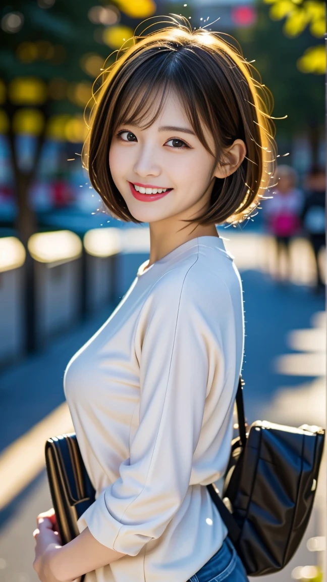 8K、best image quality、smile、masterpiece、spring、short hair、fine eyes、small breasts、爽やかなsmile、Female college student、Dimples、キャミソール、Clear system、attending university、Ruck sack