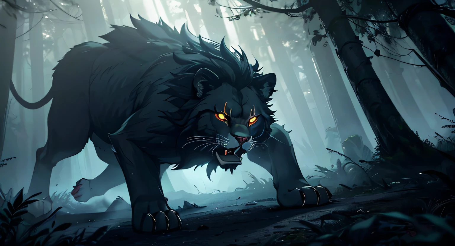 A fierce lion, (glowing eyes:1.2), (sharp fangs:1.2), pouncing mid-air, in a dark, mysterious forest, (moody lighting:1.2), (dramatic atmosphere:1.3), detailed fur, powerful muscles, (photorealistic:1.4), (cinematic:1.3), (award winning photograph:1.2), (dramatic lighting:1.2), ultra detailed, 8K