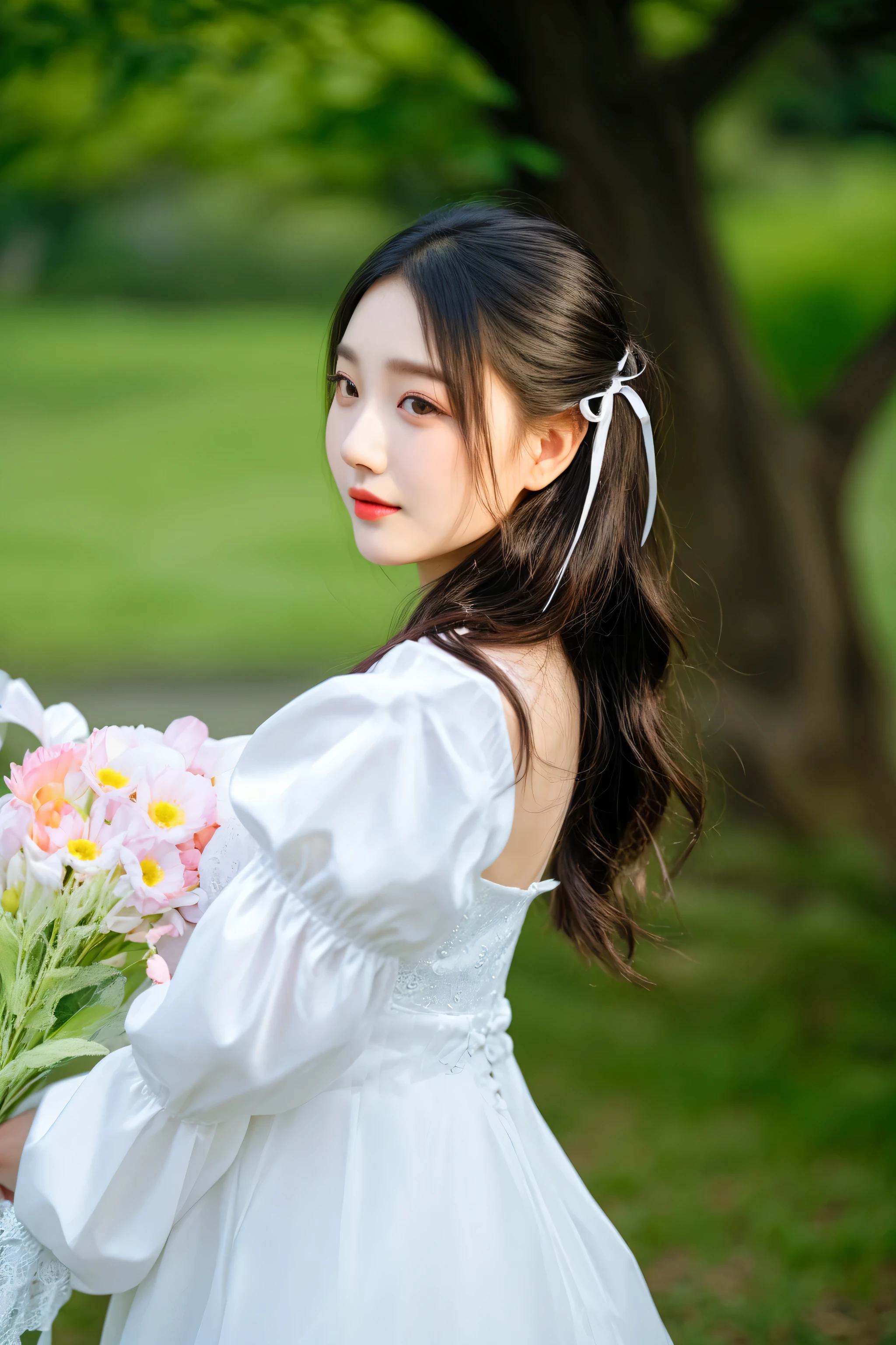 there is a woman in a white dress holding a bouquet of flowers, with flowers, beautiful young korean woman, gorgeous young korean woman, asian girl with long hair, a cute young woman, ulzzang, a young asian woman, jaeyeon nam, beautiful south korean woman, young asian girl, korean girl, hwang se - on, lovely woman, lee ji-eun