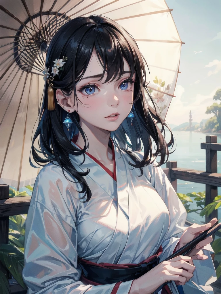 absurdres, RAW photo, extremely delicate and beautiful, masterpiece, Best Quality, ultra high resolution, 32k, hyperrealistic, ultra-detailed, delicate facial features, beautiful detailed woman, tearful mole, earring, medium breasts, (full body shot), medium hair, black hair, Hanfu, oil-paper_Umbrella,